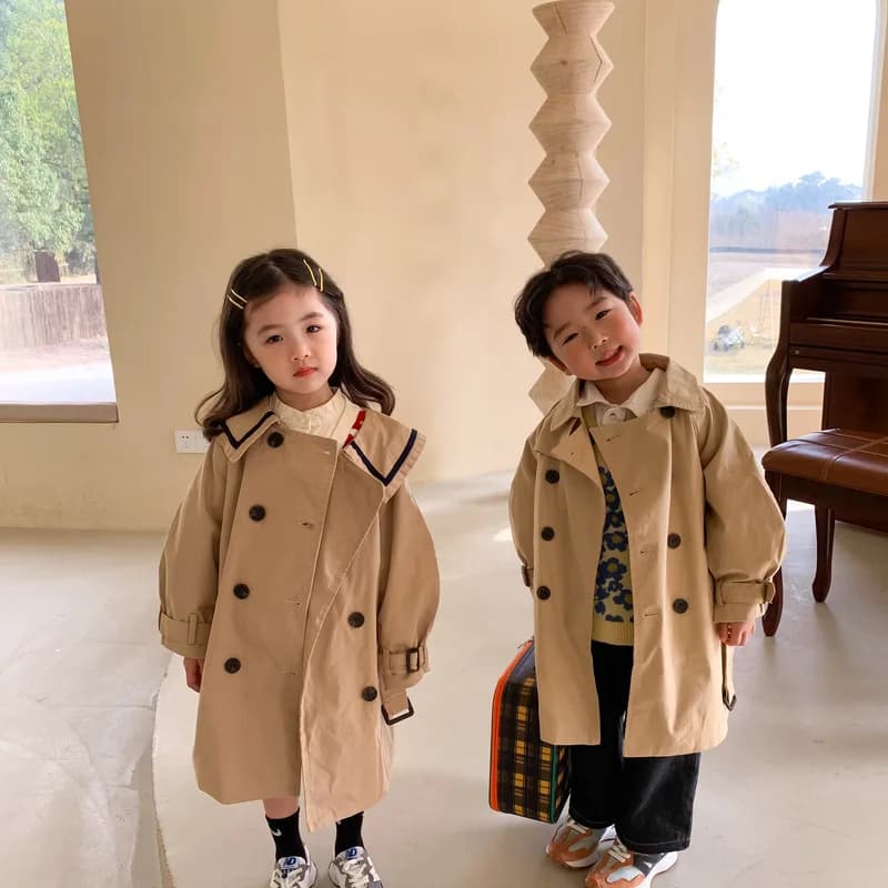 Children Trench 2022 Spring Autumn Boys Girls Korea Solid Color Long Trench Fashion Casual Turn Down Collar Girls Trench Coat