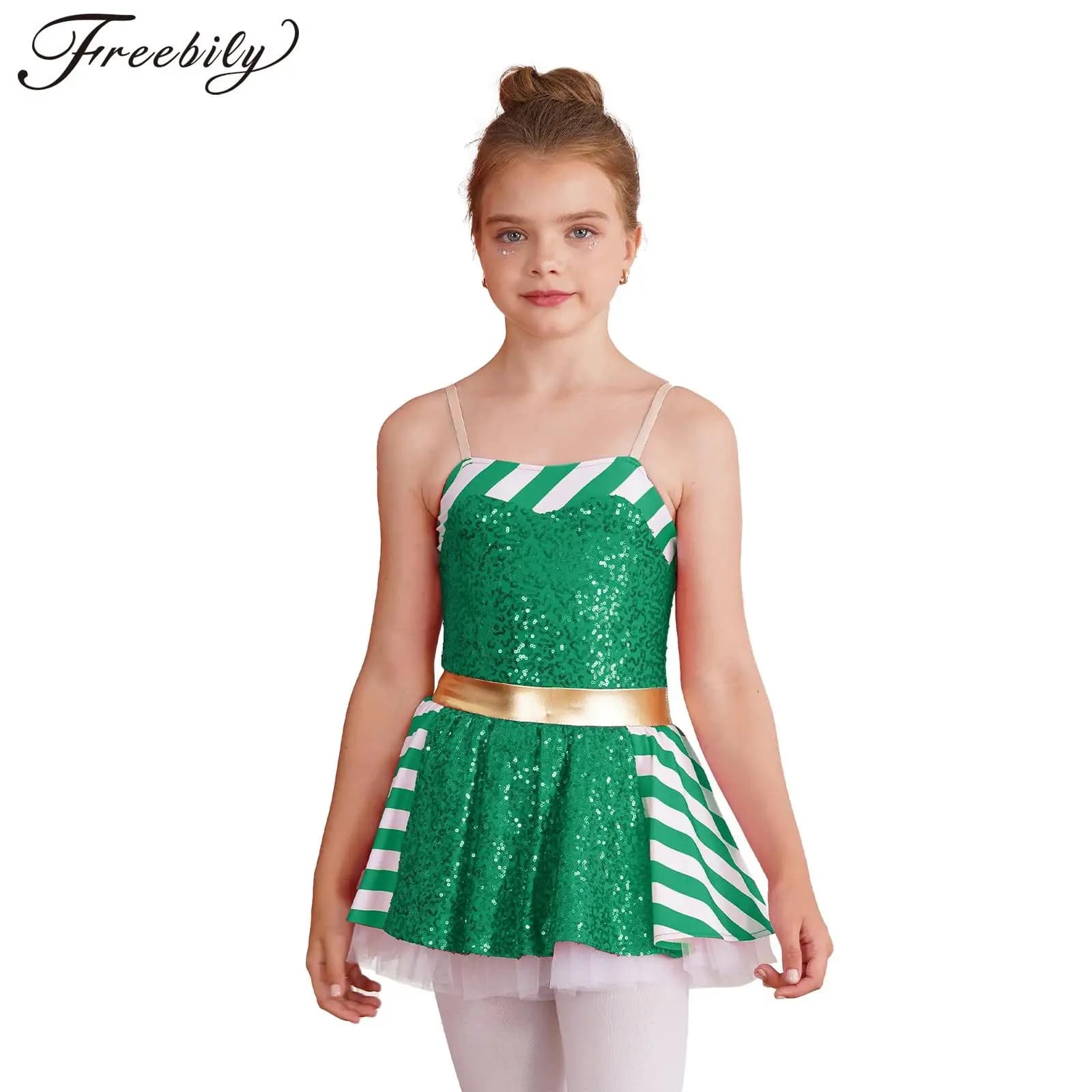 Kids Girls Christmas Striped Sequin Dress Up Costume Halloween Cosplay Carnival Tutu Mesh Dress Jumpsuit for Festive Theme Party