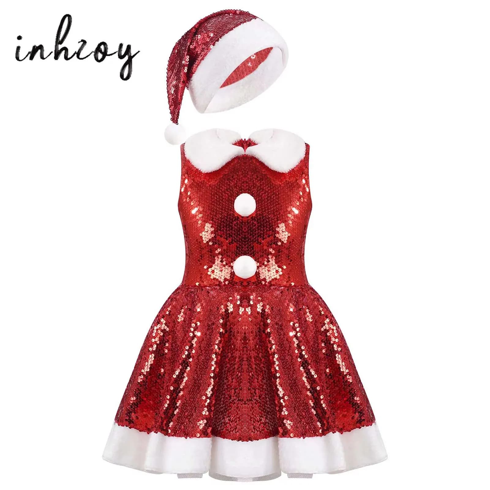 Kids Girls Christmas Dance Santa Claus Costume Sequins Figure Skating Tutu Dress Leotard Xmas New Year Party Outfits Dancewear