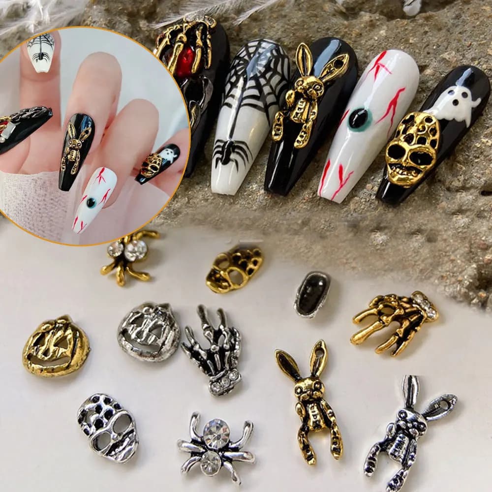 10pcs Halloween Rabbit Nail Art Charm 3D Diamond Studded Ghost Claws Grimace Skull Spider Nail Decoration DIY Nail Accessories