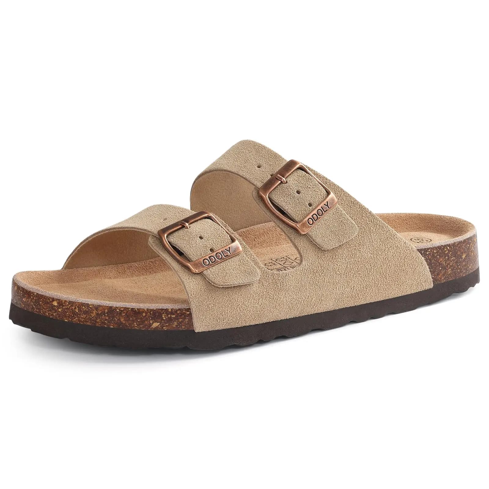 Eyriphy Fashion Leather Unisex Cork Footed Flat Slide Sandals with Arch Support, Men and Women's Double Buckle Memory Foam Slide