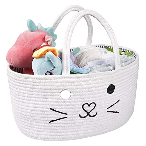 Baby Diaper Caddy Organizer - Stylish Rope Nursery Storage Bin - 100% Cotton Canvas Portable Diaper Storage Basket for Changing