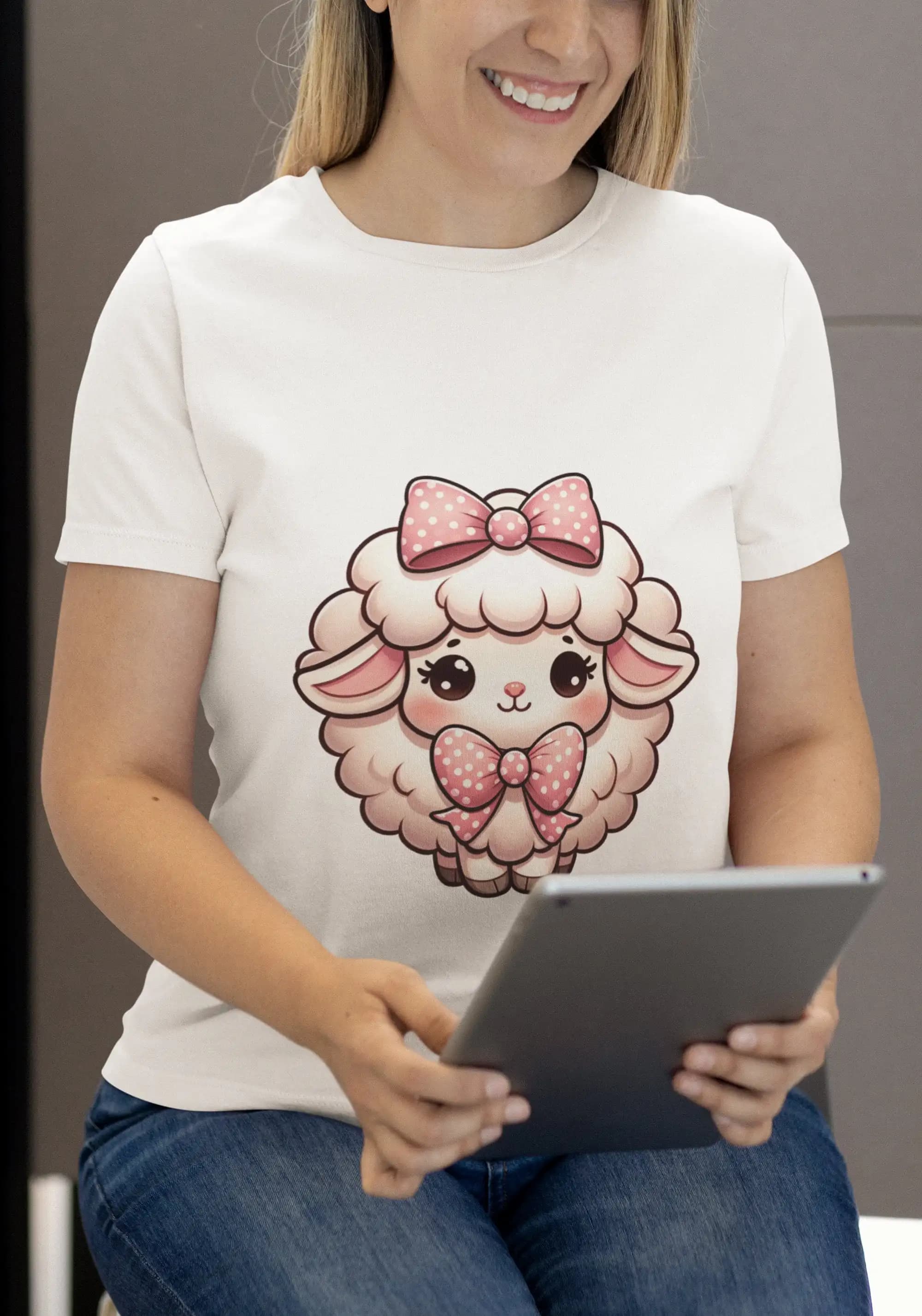 Adorable Sheep with Bow Tie Print T Shirt Fluffy Wool Cartoon Animal Top Cute Farm for