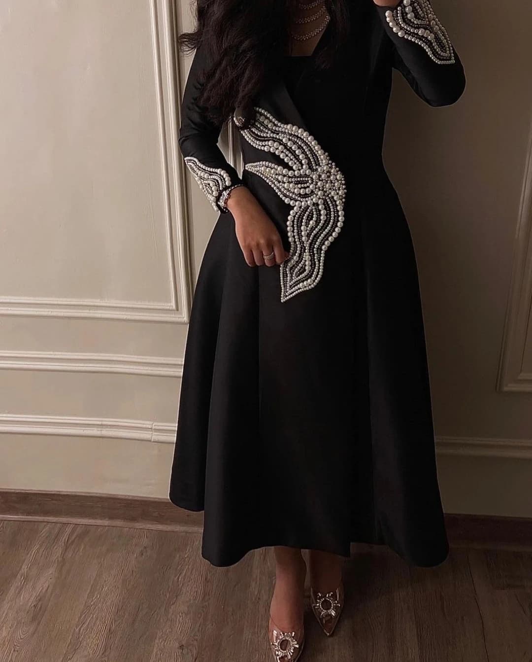 AsaNagi Black Satin Pearls Evening Dresses Ankle V Neck A Line Vintage Formal Party Dress Saudi customized فساتين سهره فاخره