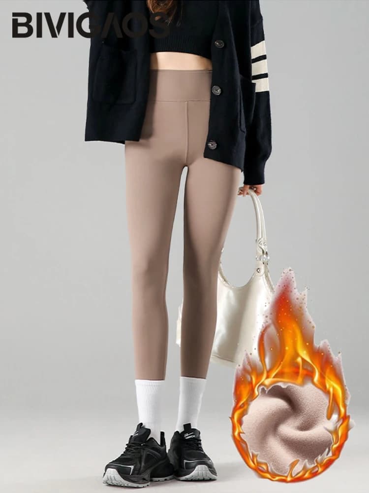 BIVIGAOS 2025 Autumn Winter New Rabbit Fleece Thicken Sharkskin Leggings Women Basic Casual High Waist Velvet Warm Leggings