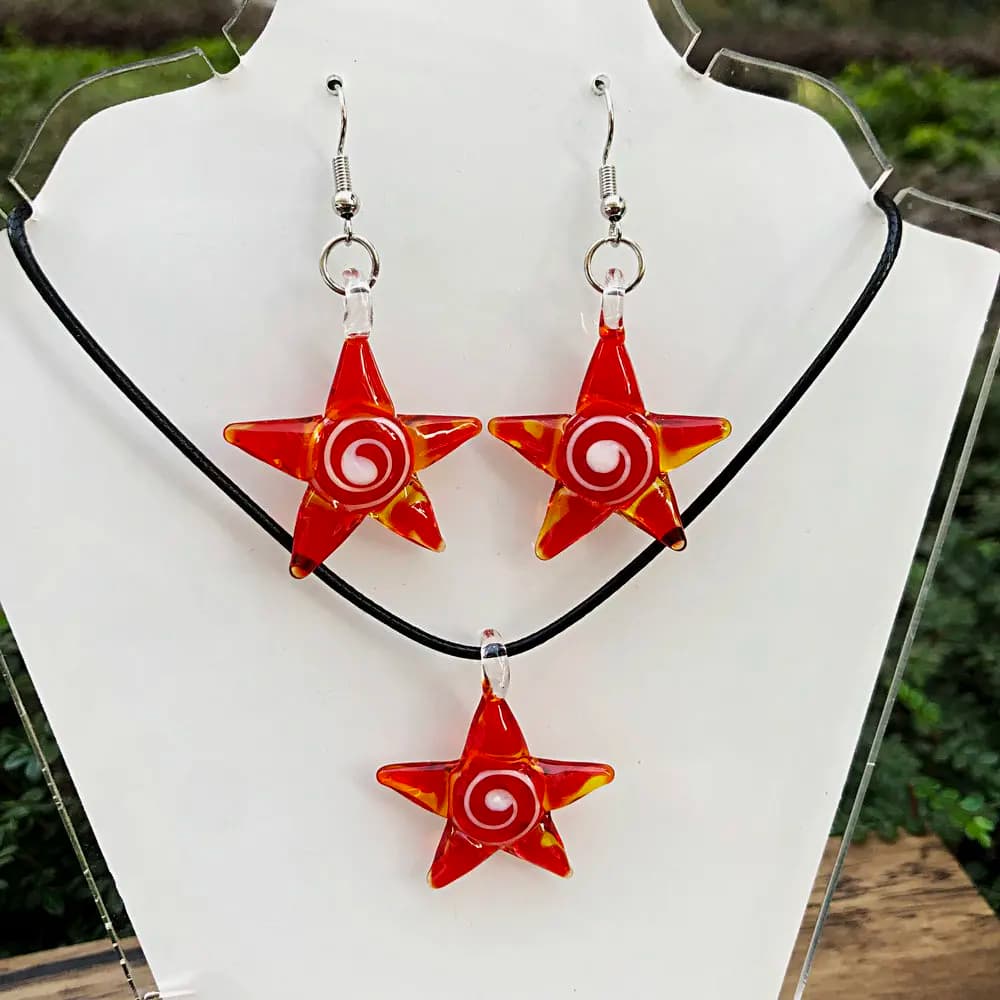 1Set Creative Ocean Style Art Starfish Inner Spiral Glass Necklace Pendant Earring Red Women's Jewelry