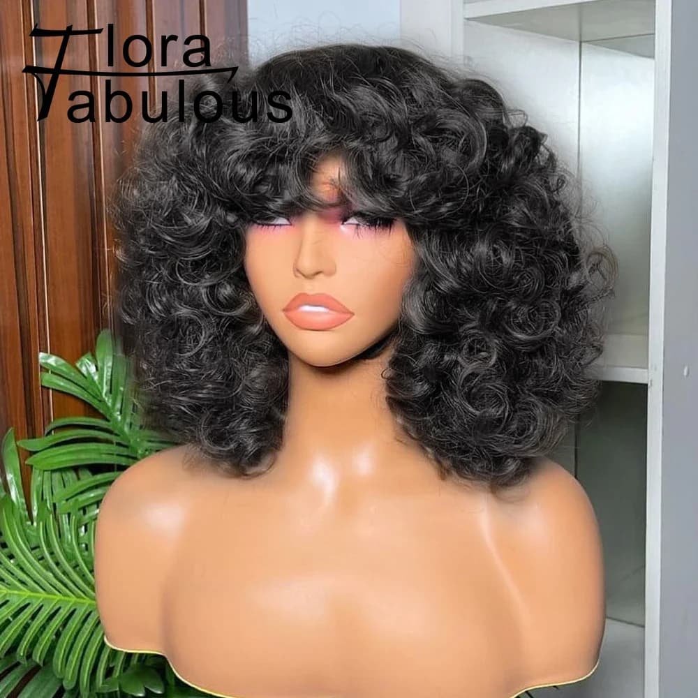 Big Curly Bob Wigs with Bangs Short Rose Curly Brazilian Virgin Human Hair Wig For Women Glueless Bouncy Curly Human Hair Wigs