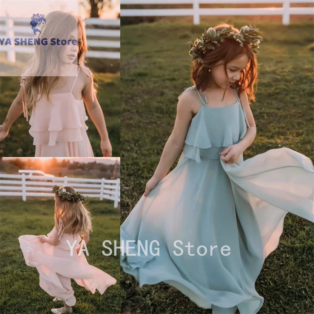 Backless Flower Girl Dresses For Weddings Tiered Top Little Girls Pageant Dress Floor Length Chiffon Communion Gowns