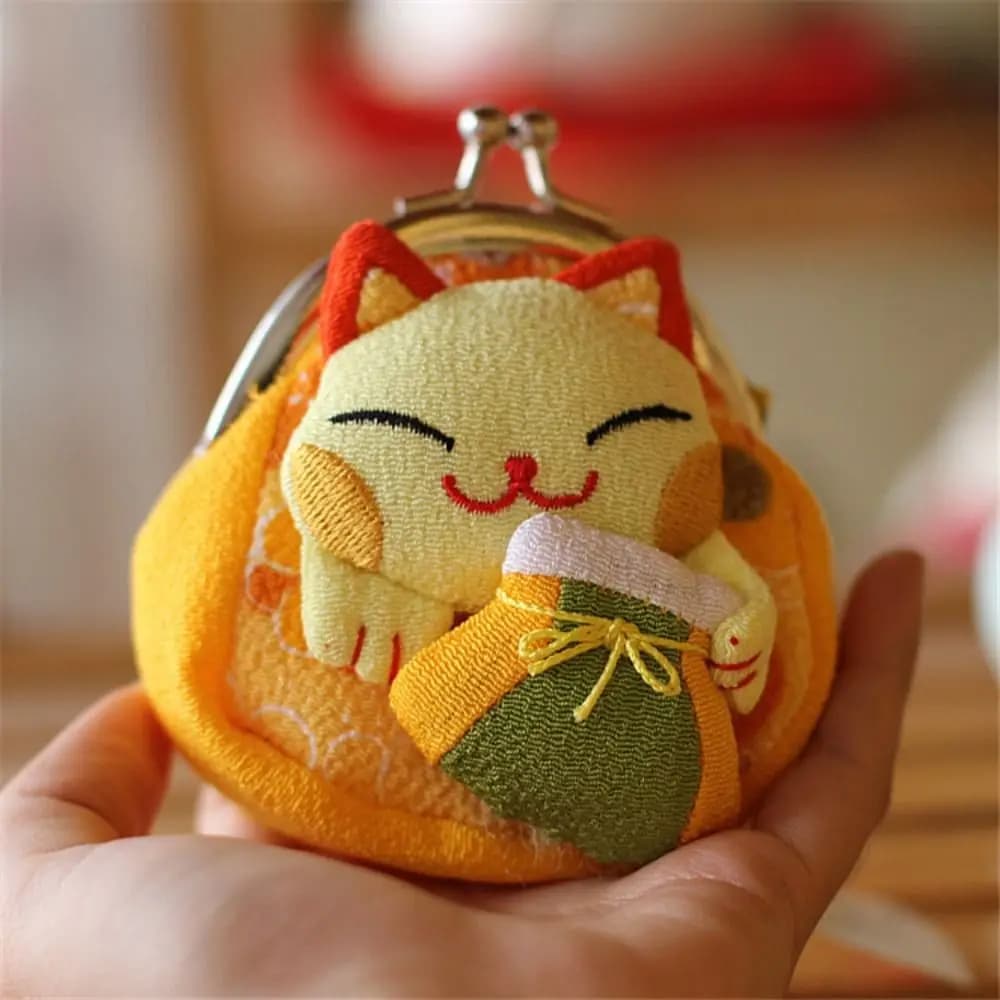 Japanese Style Maneki Neko Coin Purse Casual Wallets Flower Printing Lucky Cat Clutch Bag Doll PU Card Holder Women