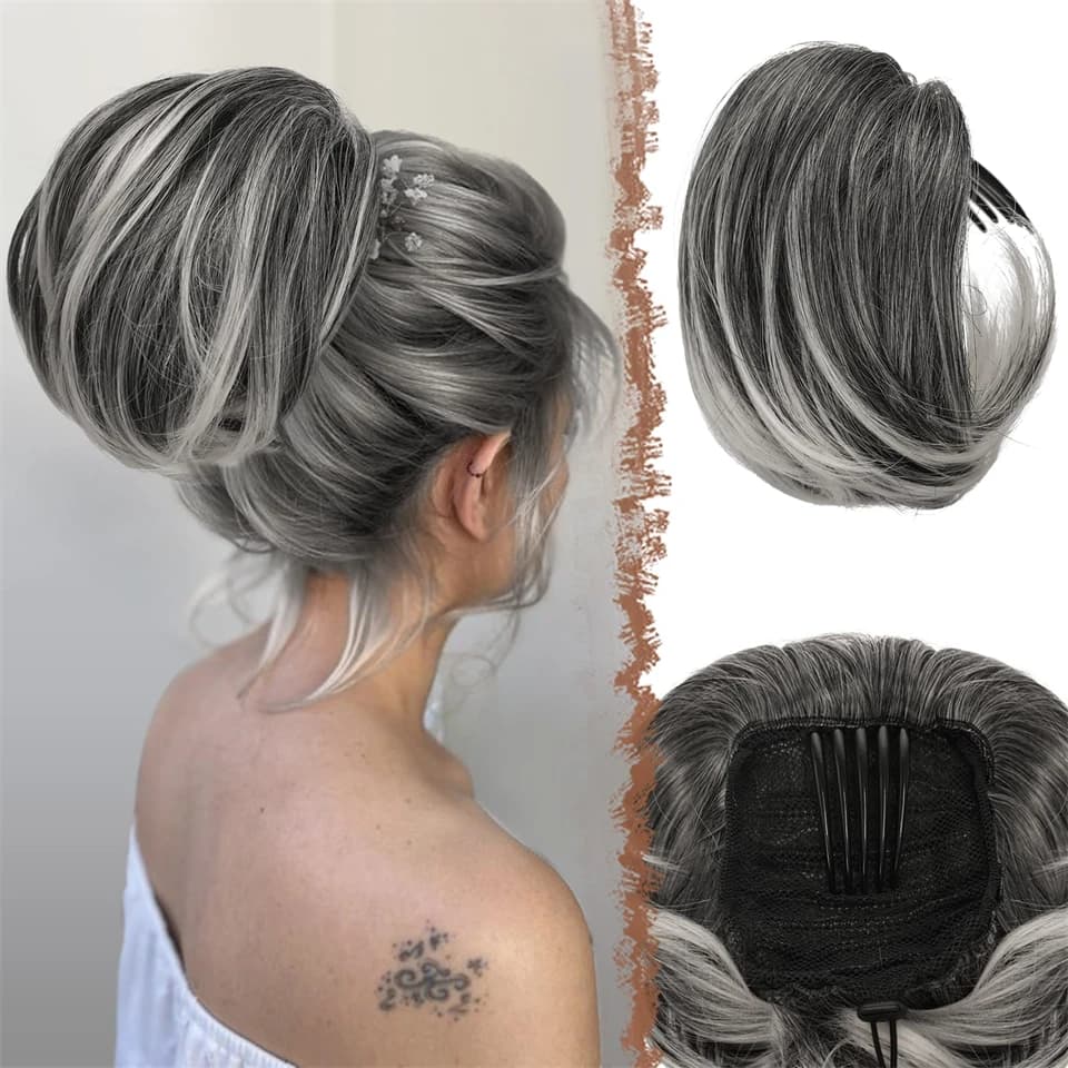 AOSI Short Ponytail Bun With Comb Clip Drawstring Synthetic Hair Extensions Gray And White Hair Extensions Ponytail Wig