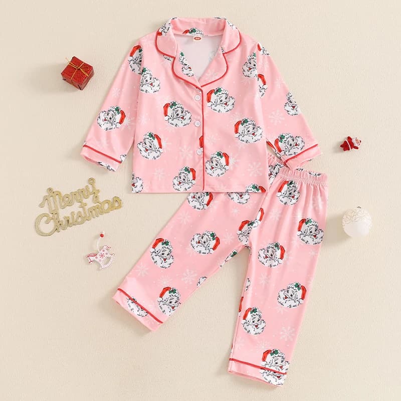 1-5 Years Toddler Girls 2PCS Christmas Pajama Sets Long Sleeve Lapel Santa Claus Print Shirt Elastic Waist Pants Sleepwear