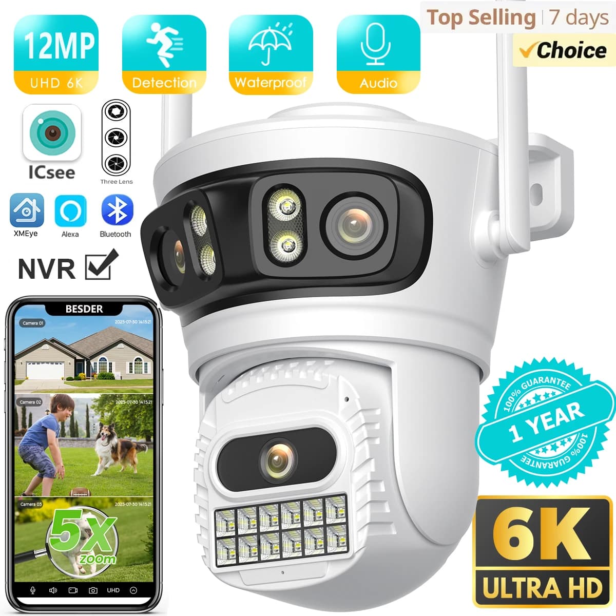 BESDER 6K 12MP HD Three Screen WIFI IP Camera Outdoor Three Lens Ai Human Detection Waterproof CCTV Video Security Camera iCsee