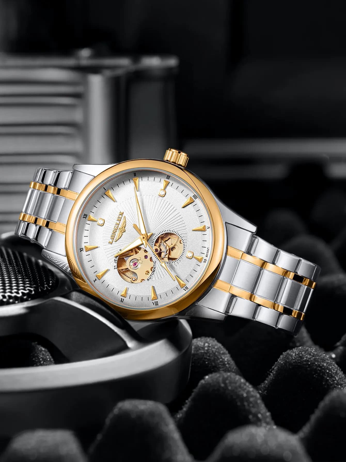 LONGLUX Men automatic mechanical watch elegant luxury watches waterproof skeleton business wholesale stainless steel gift watch