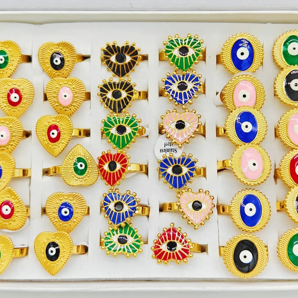 20/30/50pcs Wholesale Mix Design Gold Plated Eye Rings For Women Trendy Round Heart Shape Party Jewelry Gift Jewelry Bulk