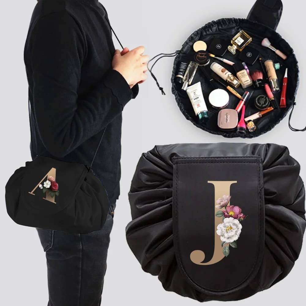 Women Drawstring Cosmetic Bag Organizer Travel Toiletry Storage Shoulder Bag MakeUp Pouch Large Capacity Beauty Case Gold Series