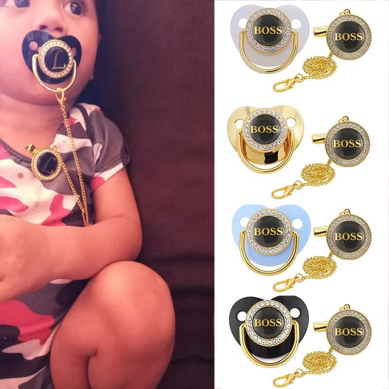 Boss Letter Print Baby Pacifier with Chain Clip Newborn BPA Free Luxury Bling Pacifier Silicone Dummy Soother Chupeta 0-18Months