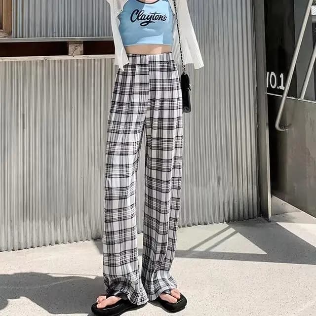 Black and White Plaid Pleated Casual Straight Leg Pants for Women Thin and Trendy Loose Wide Leg Elastic Waist Hanging Pants