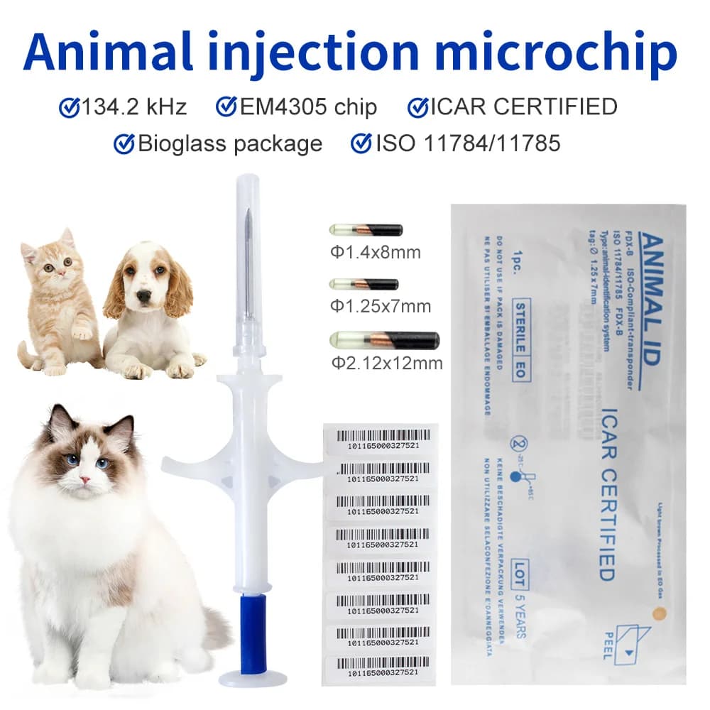 100pcs Pet Animal Microchip Syringe 134.2KHz FDX-B EM4305 ID Chip for Dogs Cats Horses Fish 1.25*7mm/1.4*8mm/2.12*12mm
