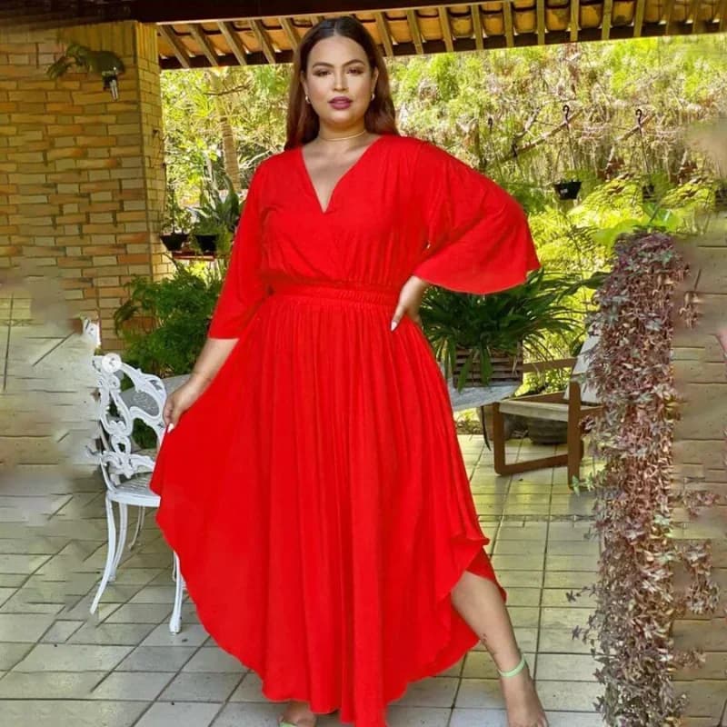 KEXU Plus Size Women High Waist V-neck Big Swing Ruched Side Maxi Long Dress 2024 New Spring Elegant Fashion Solid Dresses