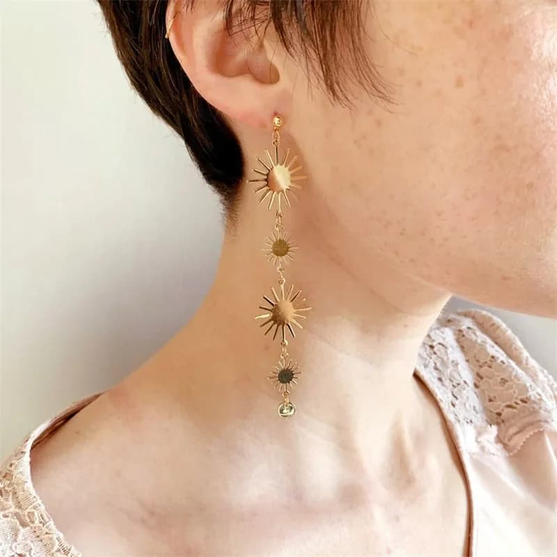 Minimalist Golden Sun Charms Pendant Earrings Jewelry
