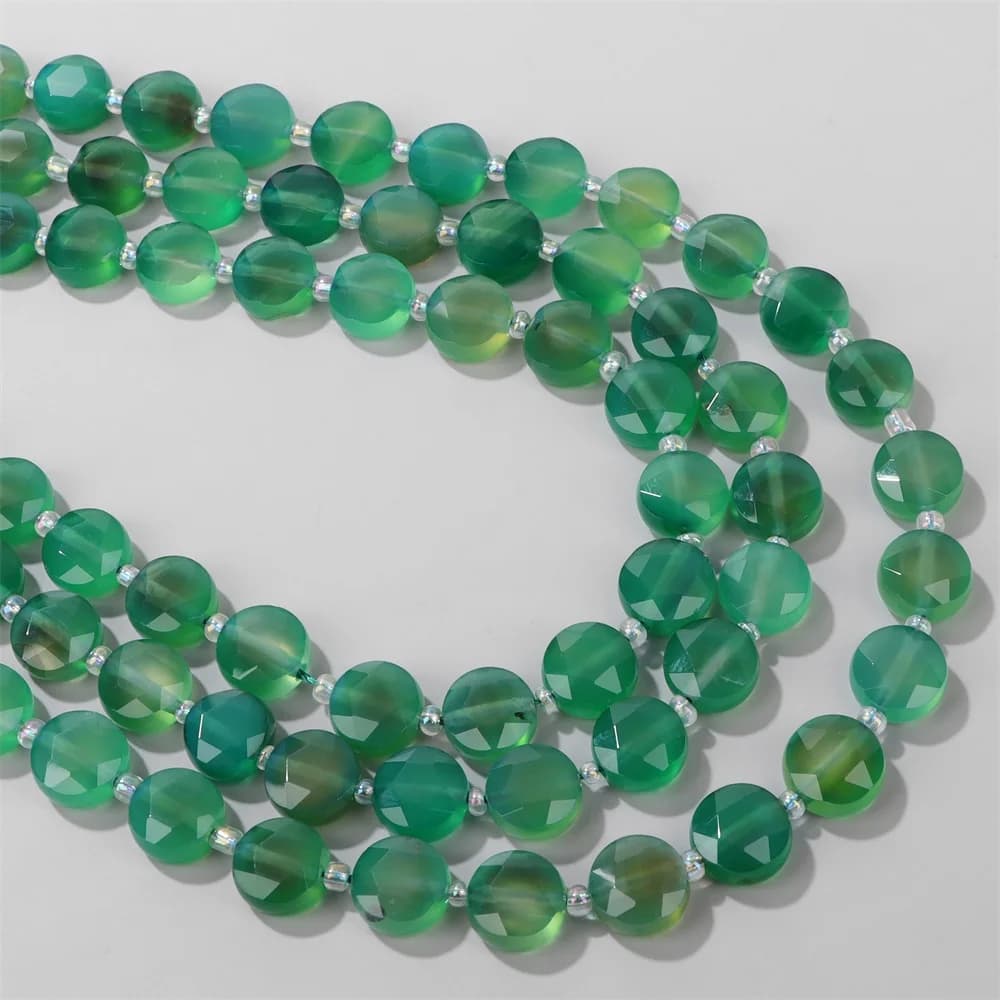 Natural Green Agate Stone Bead Faceted Flat Round Loose Spacer Agates Beads For Jewelry Making Bracelet Necklace Earrings DIY