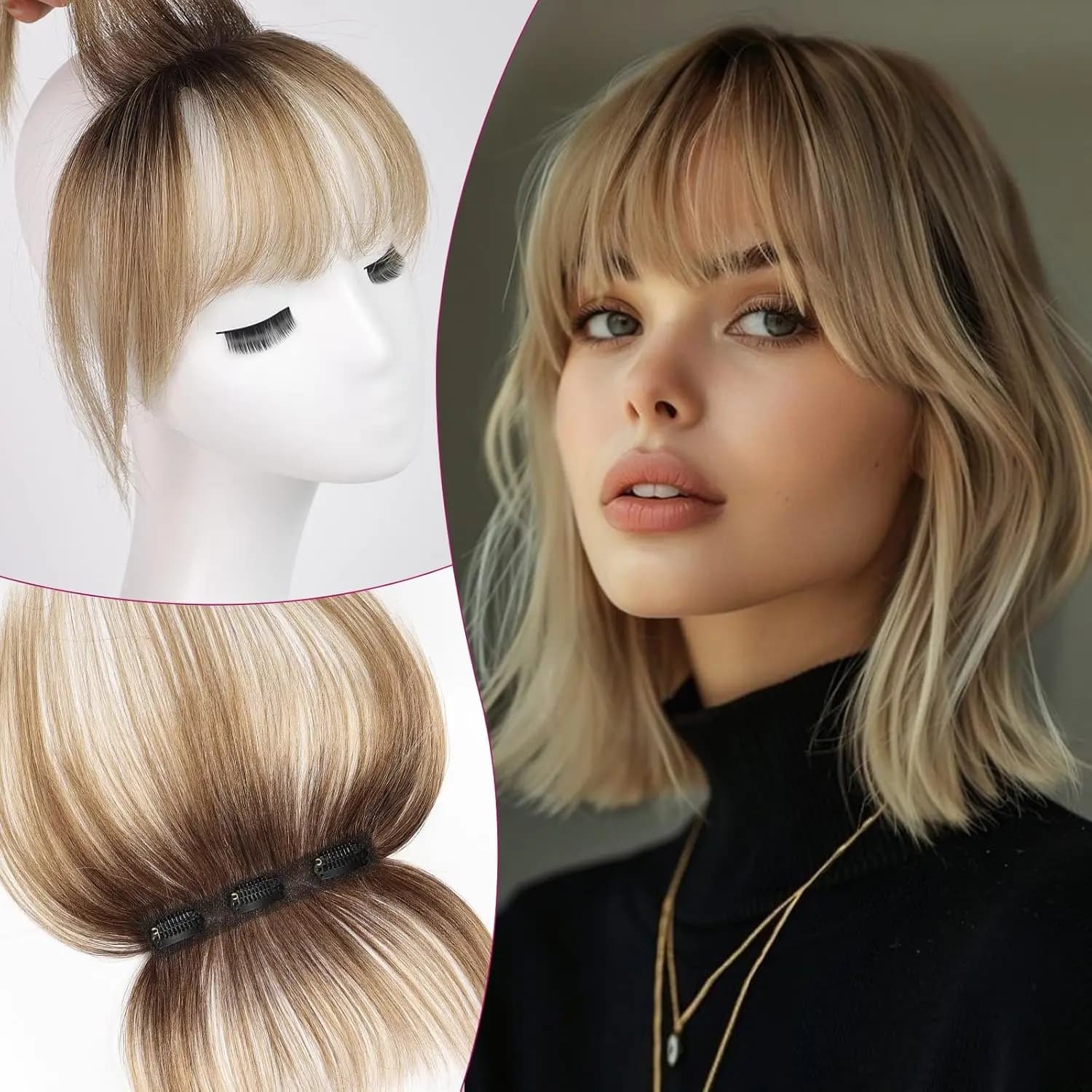 Ombre Brown to Blonde Clip in Bangs 100% Real Human Hair Bangs Wispy Bangs Hair Pieces 3 Secure Clips in Full Fringe Fake Bangs