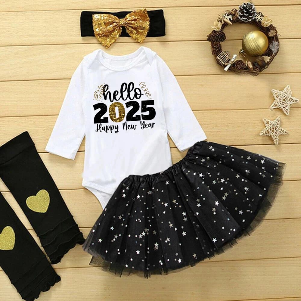 2 Piece Hello 2025 Print Baby Girls Romper Dress Set Happy New Year Girl Long Sleeve Bodysuit Tutu Skirt Infant Dresses Outfit