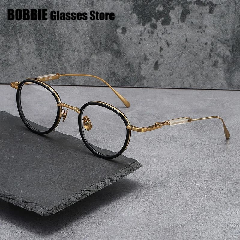 Pure Titanium Acetate Retro Round Ultra Light Eyewear Glasses Frame Brand Design Unisex Myopia Adjustable Eyeglass Leg 2024 New