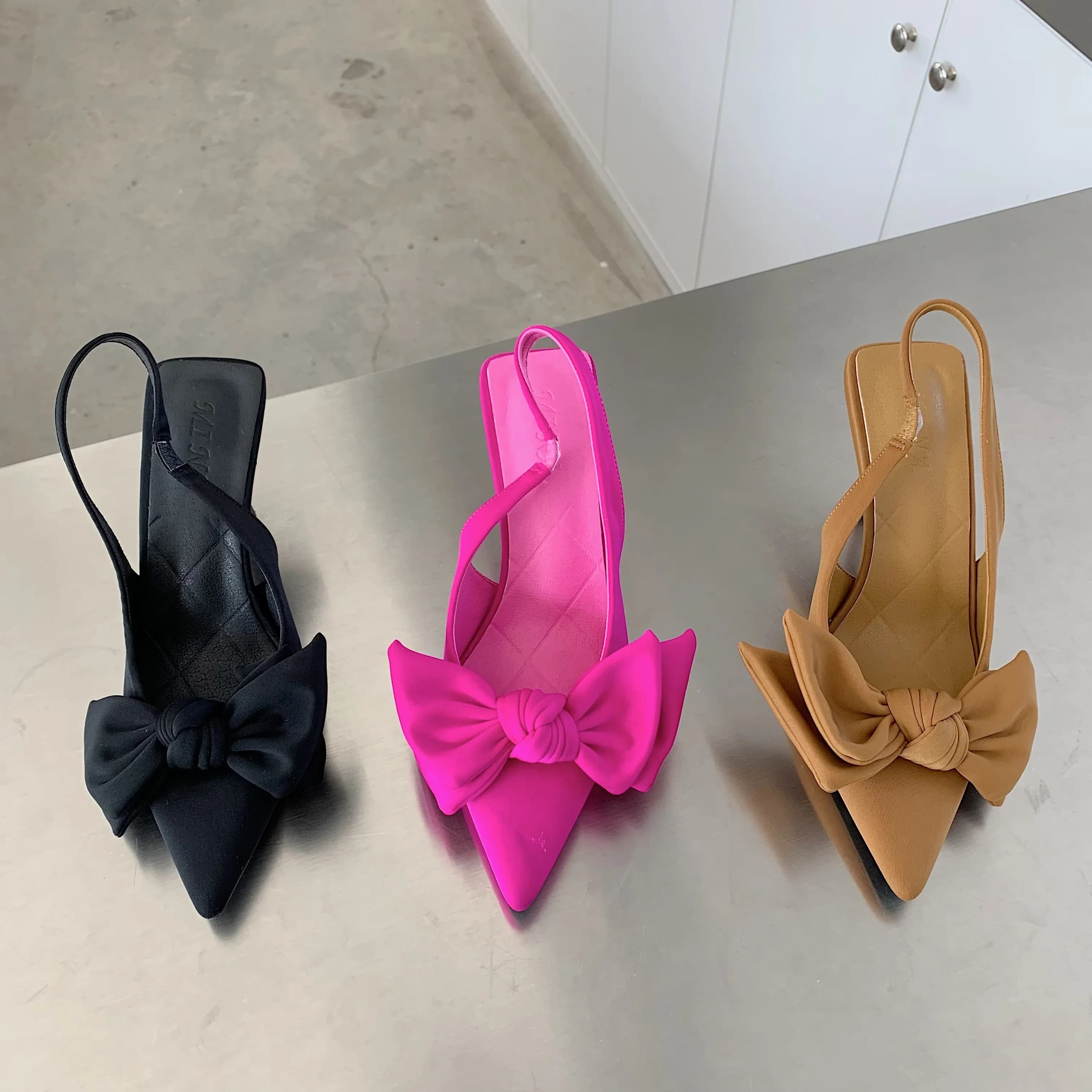 2025 Summer Brand Women Slingback Sandals Heeled Shoes Fashion Bow-knot Pointed Toe Slip on Ladies Elegant Dress Pumps Shoes