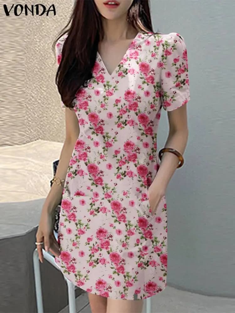 Summer Floral Printed Dress 2024 VONDA Women Sundress Loose V Neck Puff Sleeve Party Mini Dress Vestidos Beach Robe Elegant