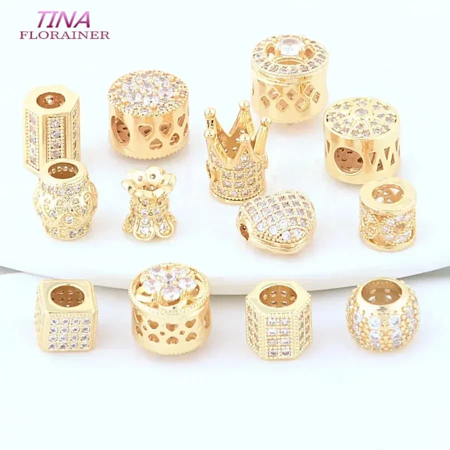 18K Gold Color Plated Brass and Zircon Round Square Heart Bead Loose Spacer Beads for DIY Jewelry Making Accessories