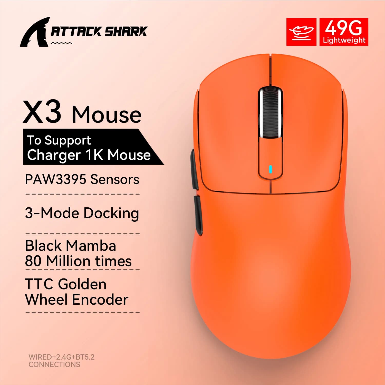 X3 Gaming Mouse Wireless ATTACK SHARK Red Color 4K Returns,Bluetooth Tri-Mode Connection,PAW3395,Macro Bluetooth Mouse Gaming