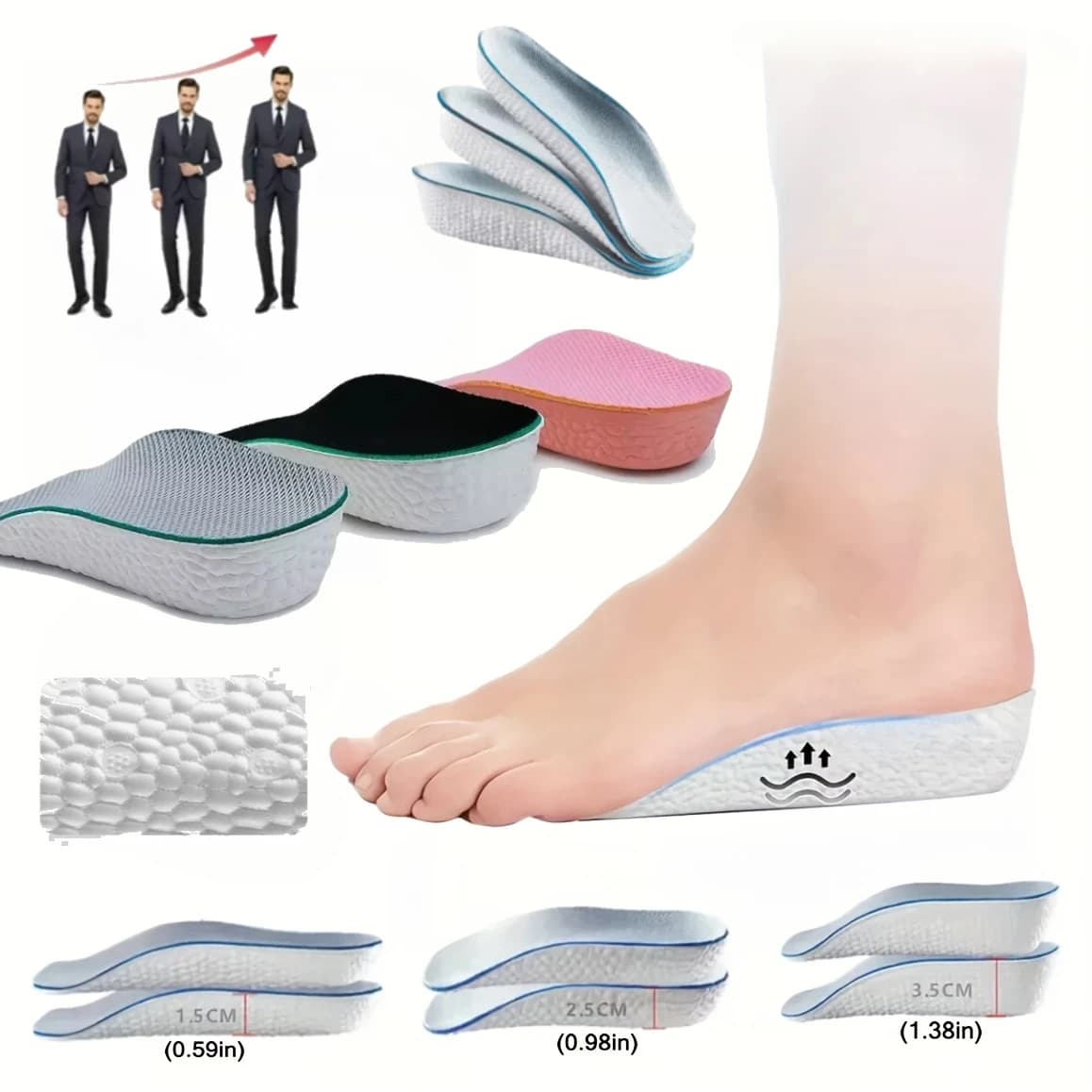 1.5/2.5/3.5 Cm Arch Support Height Increase Insoles Light Weight Soft Elastic Lift Soft Elastic Lifting for Men Women Shoes Pads