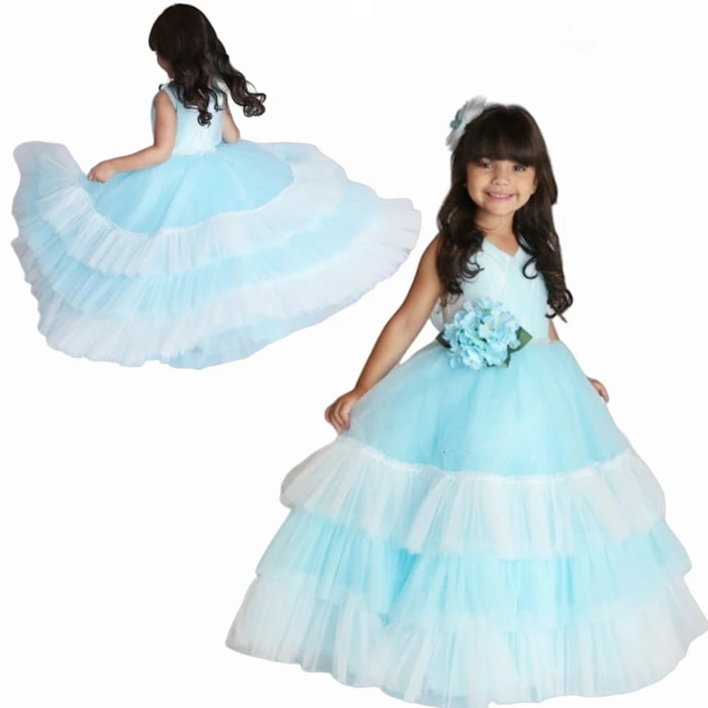 Flower Girls Dress Weeding Dresses Elegant Blue Fluffy layered Gradient Color Applique Bow Princess Kids Party Birthday Gowns