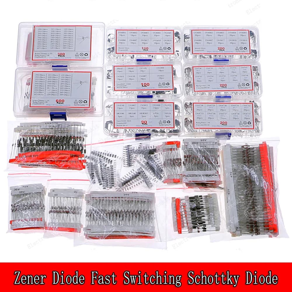 DIP SMD Zener Diode Fast Switching Schottky Diode Assorted Kit 1N4148 1N4007 1N5819 FR107 FR207 1N5822 1N5408 SR5100 6A10 10A10