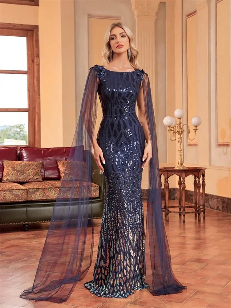 Luxury Arabia Long Sleeve Sequins Evening Dress Women 2025 Female Guests Wedding Party Prom Blue Cocktail Dresses