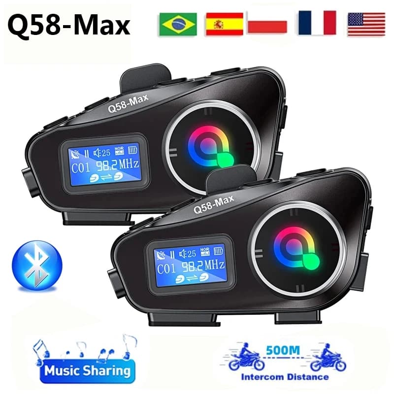 Q58-Max Motorcycle Helmet Intercom Bluetooth Headset LCD Display Music Share with Flashlight 2 Riders 500M Interphone