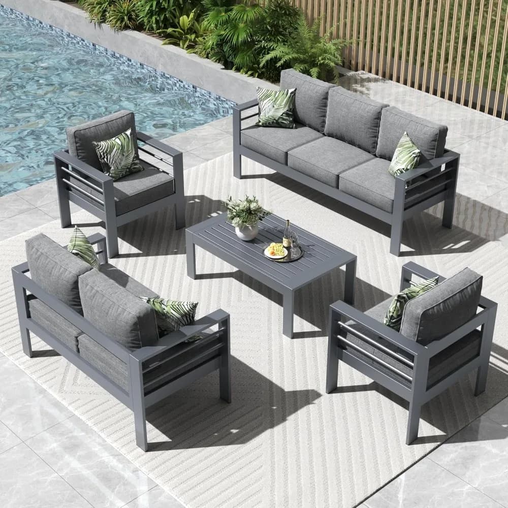 5 Pieces Modern Aluminum Patio Furniture Set, Conversation Sets Metal Sectional Sofa with Coffee Table, Garden Furniture Sets
