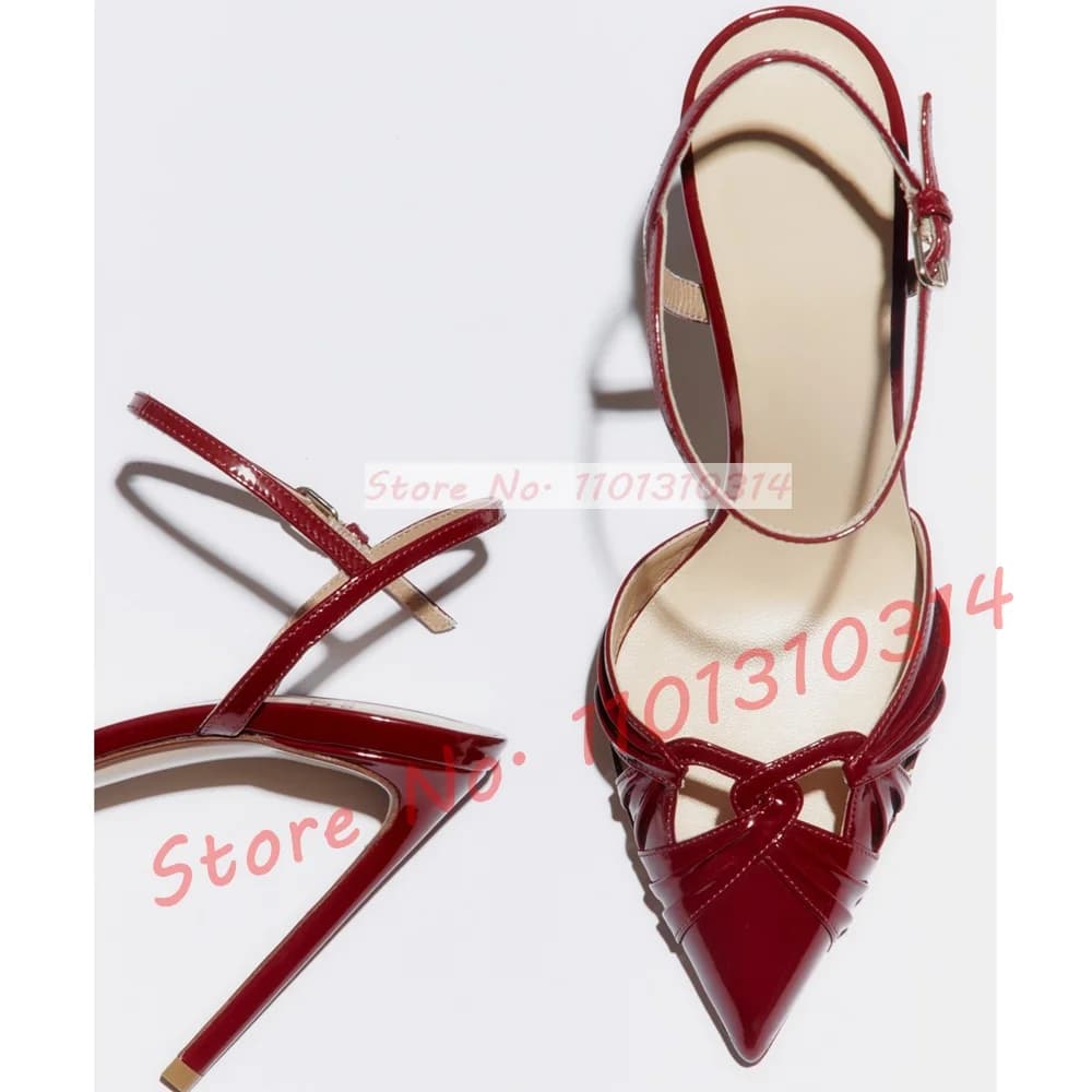 Reddish Brown Patent Leather Sandals Women Hollow Point Toe Ankle Strap Sandals Ladies Trending Stiletto Heels Evening Shoes