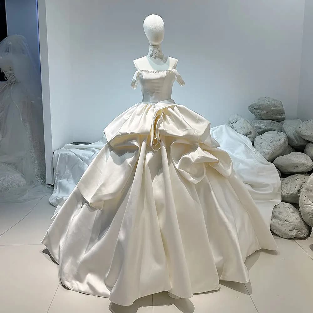 1.5M Train Ball Gown French Satin Wedding Dress Off Shoulder Prom Gown White A Line Wedding Gown Minimalist Satin Gown YW0833