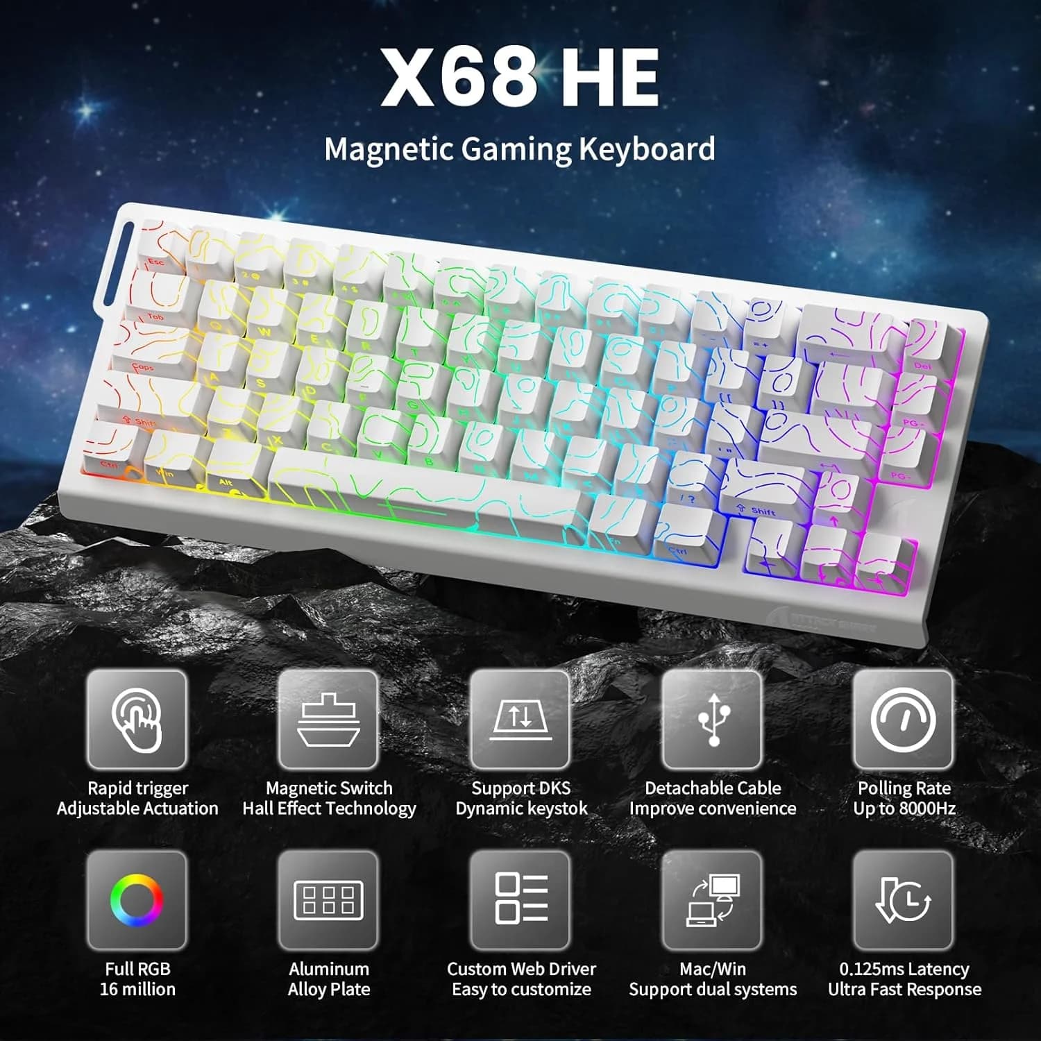 ATTACK SHARK X68 HE Rapid Trigger Keyboard Magnetic Switch 60% Wired 8KHz Hot Swappable Keyboard With RGB Lighting PBT Double-sh