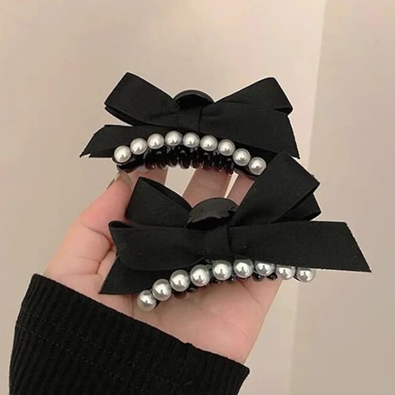 AISHG Korean Pearl Black Bow Hairpin for Women Temperament Design Sense Shark Clip Fashion Versatile Hair Accessories