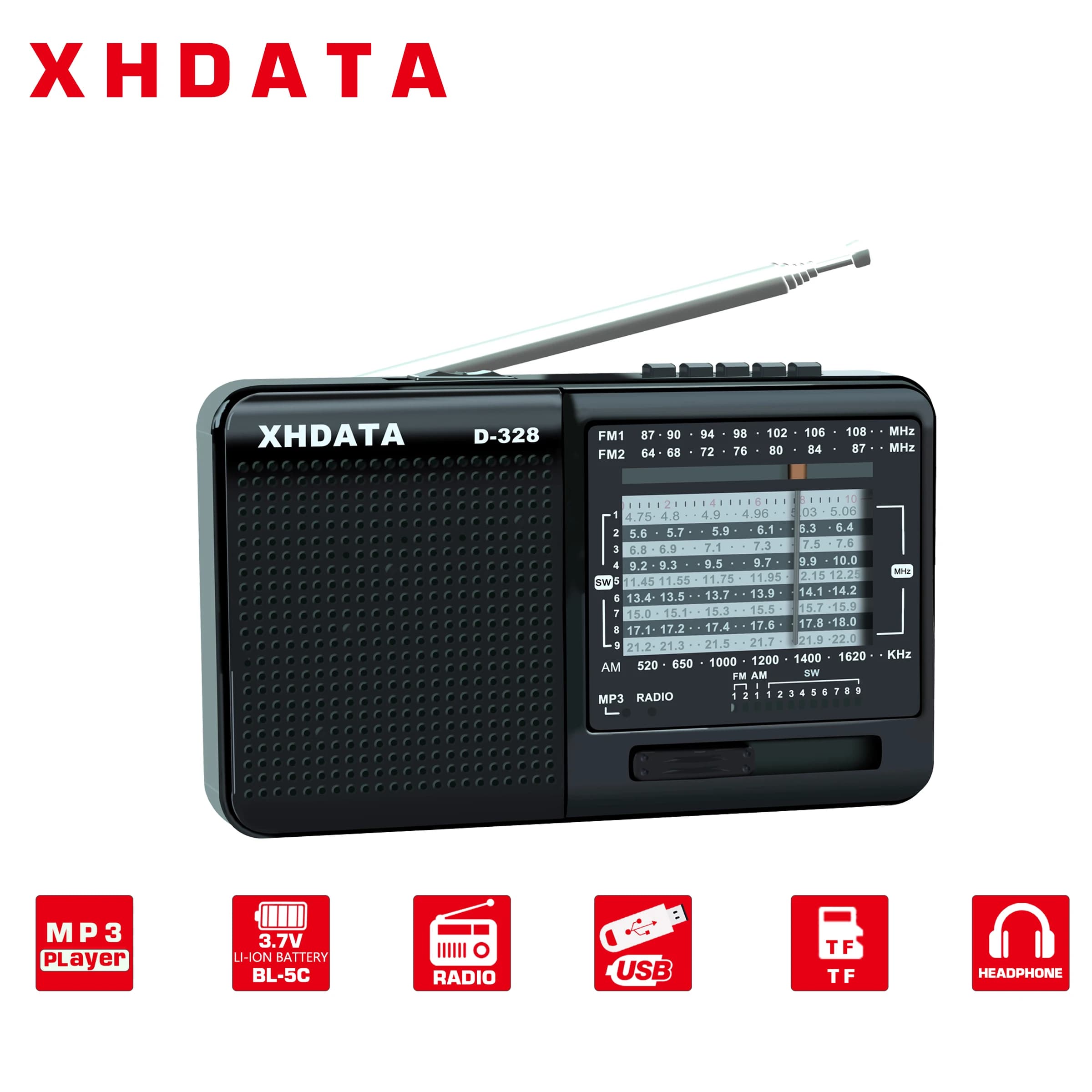 XHDATA D-328 Versatile AM/FM/SW DSP Portable Radio Receiver with MP3 Player TF Card USB, and Bluetooth Connectivity