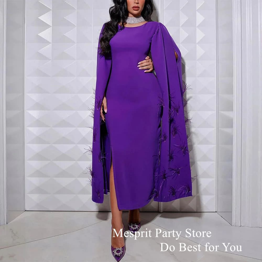 Mesprit Purple Evening Dress Woman Banquet Party Gown O Neck Slit Feathers Anke length Sheath Prom Dresses فساتين طويلة
