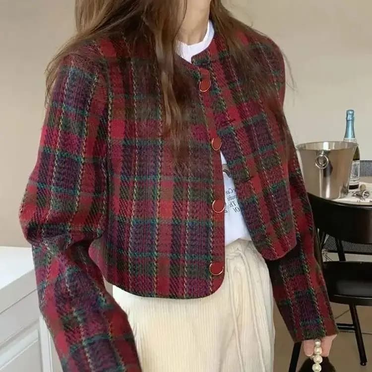 Plaid Short Coat Single-Breasted Round Collar Design Small Fragrant Style Women'S New Autumn Short Coat