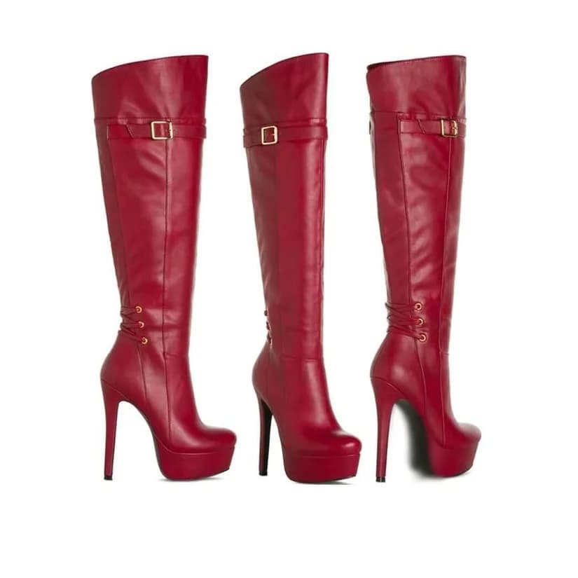 Red Buckle Knee High Platform Boots Thin High Heel Lace Up Fashionable Sexy Cool Winter Big Size Woman Shoes Zapatillas Mujer