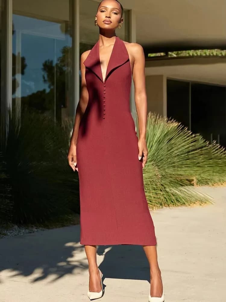 Mozision Halter Deep V Neck Sleeveless Sexy Maxi Dress For Women Elegant Backless Bodycon Tank Dress Femme Fashion Long Dress