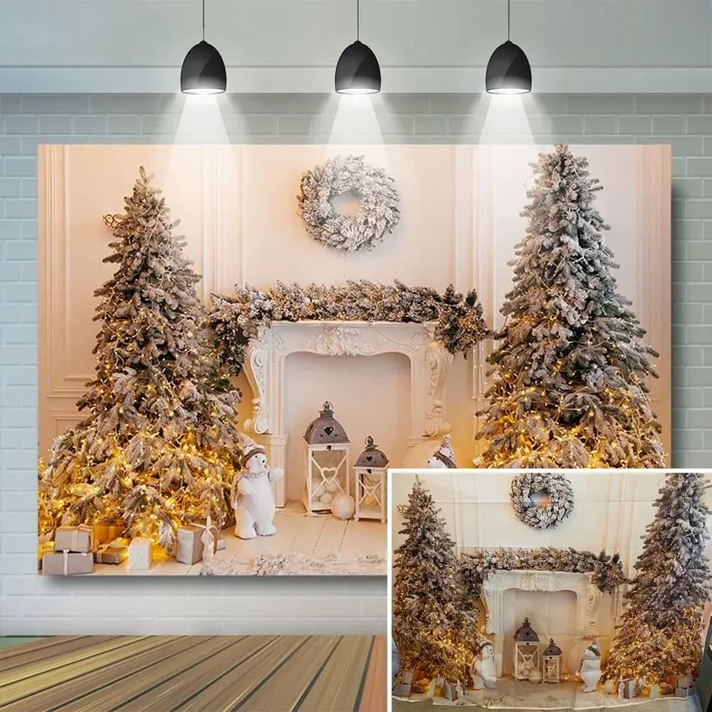 Winter Christmas Tree Fireplace Photography Background Wreath Gift Decoration Backdrops for Photo Studio Backdrop Photocall