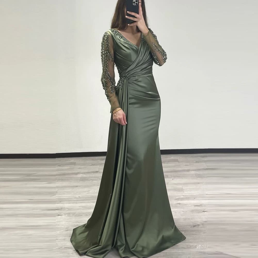 Customized Robe De Soirée Custom Made Long Sleeves Mermaid Beading Evening Gown Satin Saudi Arabic Party Dress Prom Dresses