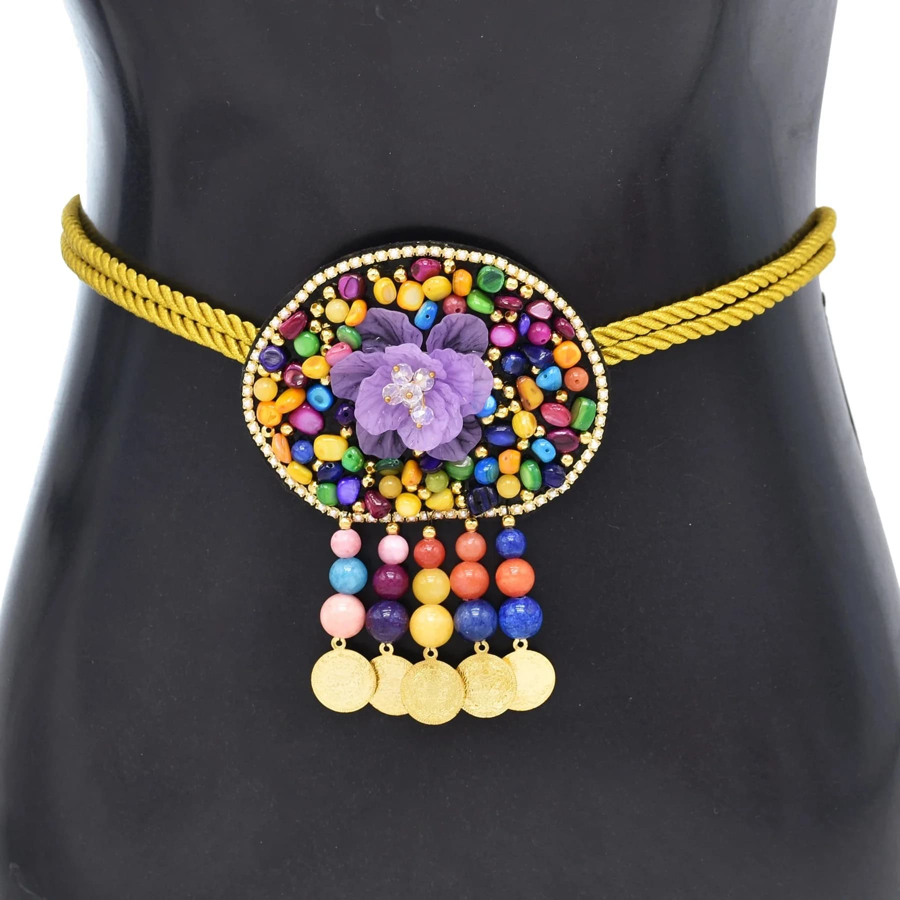 Ethnic Style Handmade Belt Natural Stone Flower Belt Weave Rope Colorful Bead Coins Tassel Waist Chain Jewelry Female Accessory